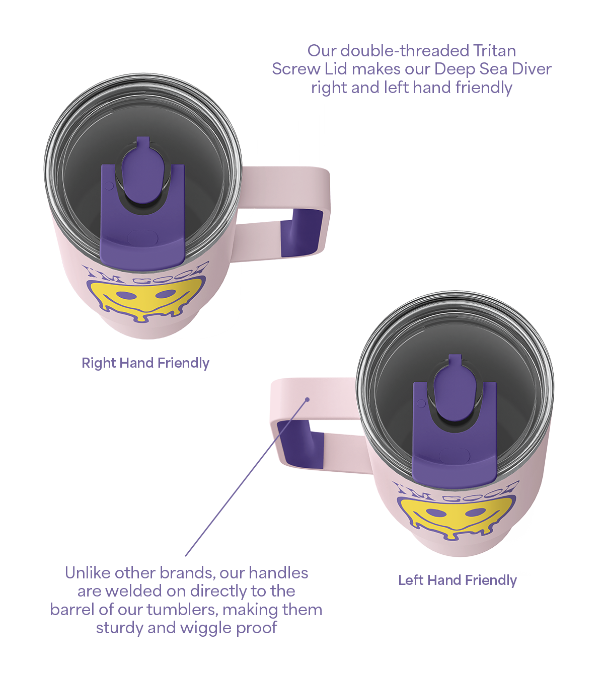 Pink tumbler with smile face design and purple lid featuring text about its design and features