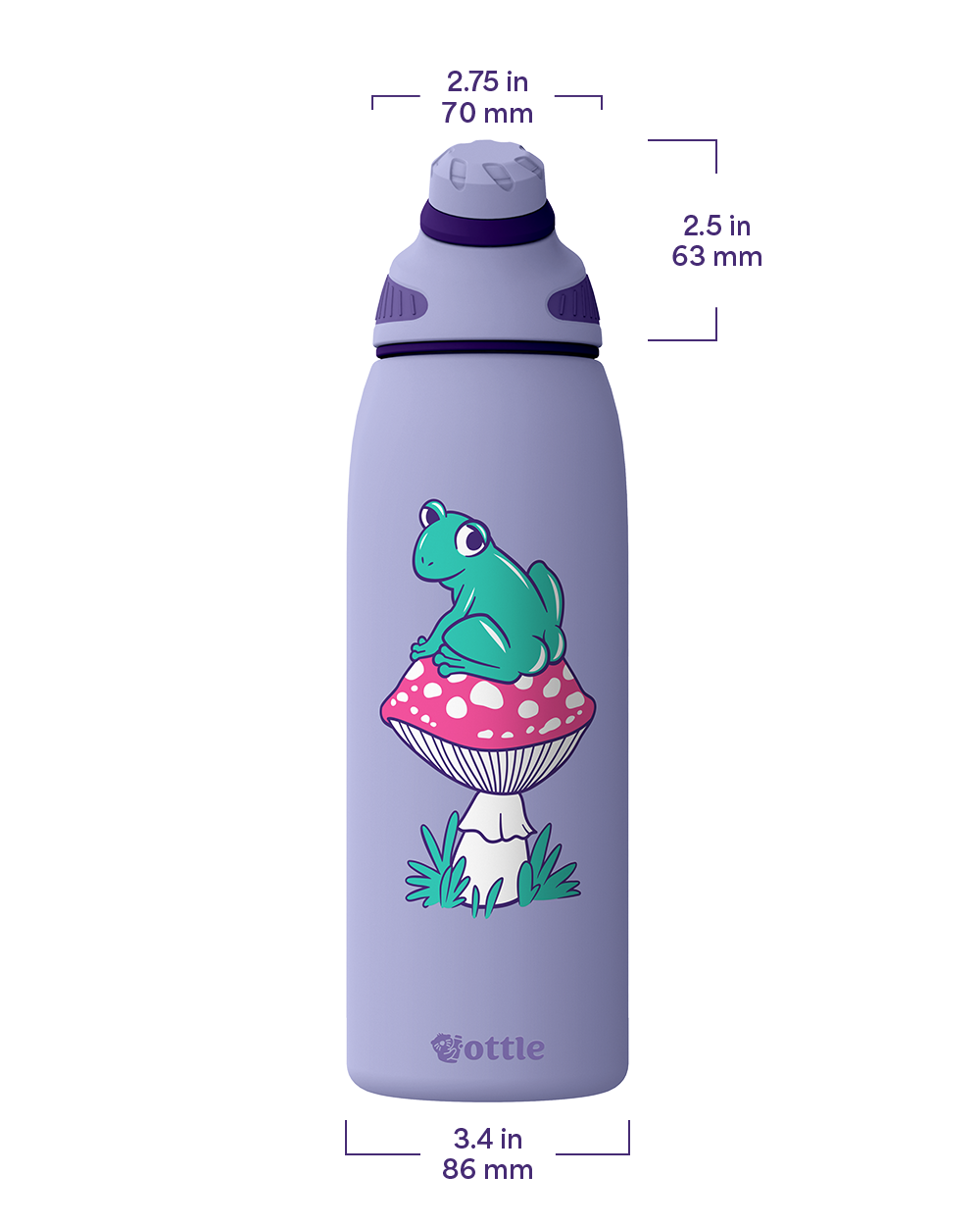 Purple water bottle with a frog design and measurements
