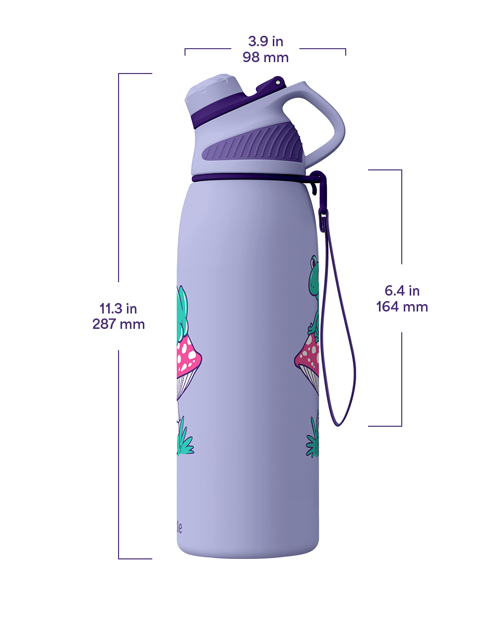 Purple water bottle with a frog design and measurements