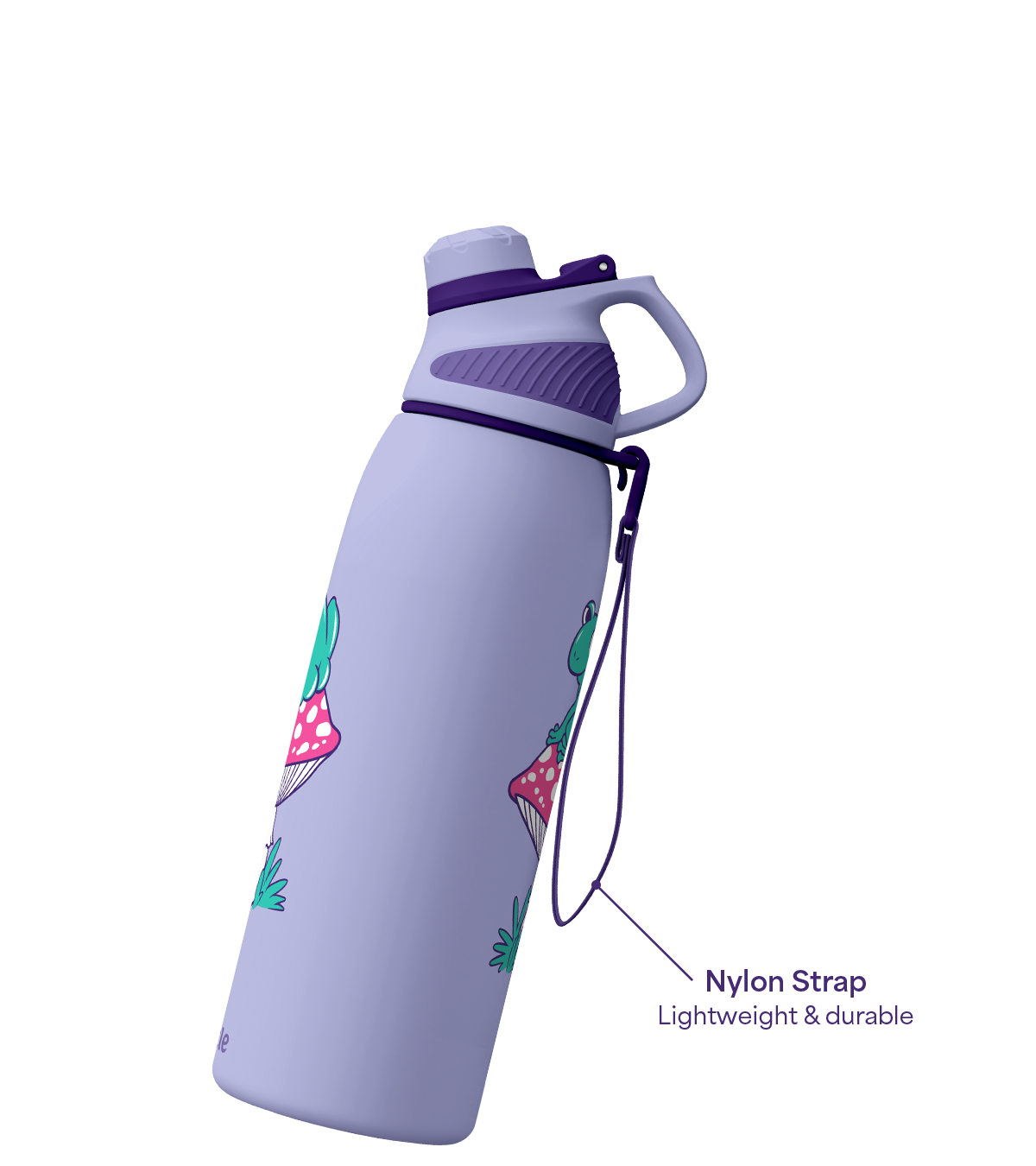 Purple water bottle with a frog design and a nylon strap