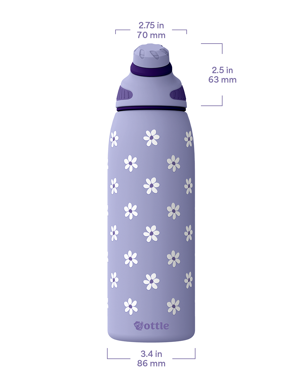 Purple water bottle with white floral pattern and measurements