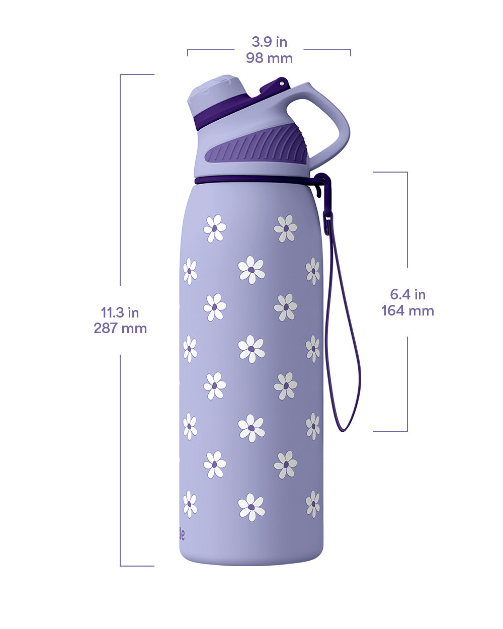 Purple water bottle with white floral patterns and measurements