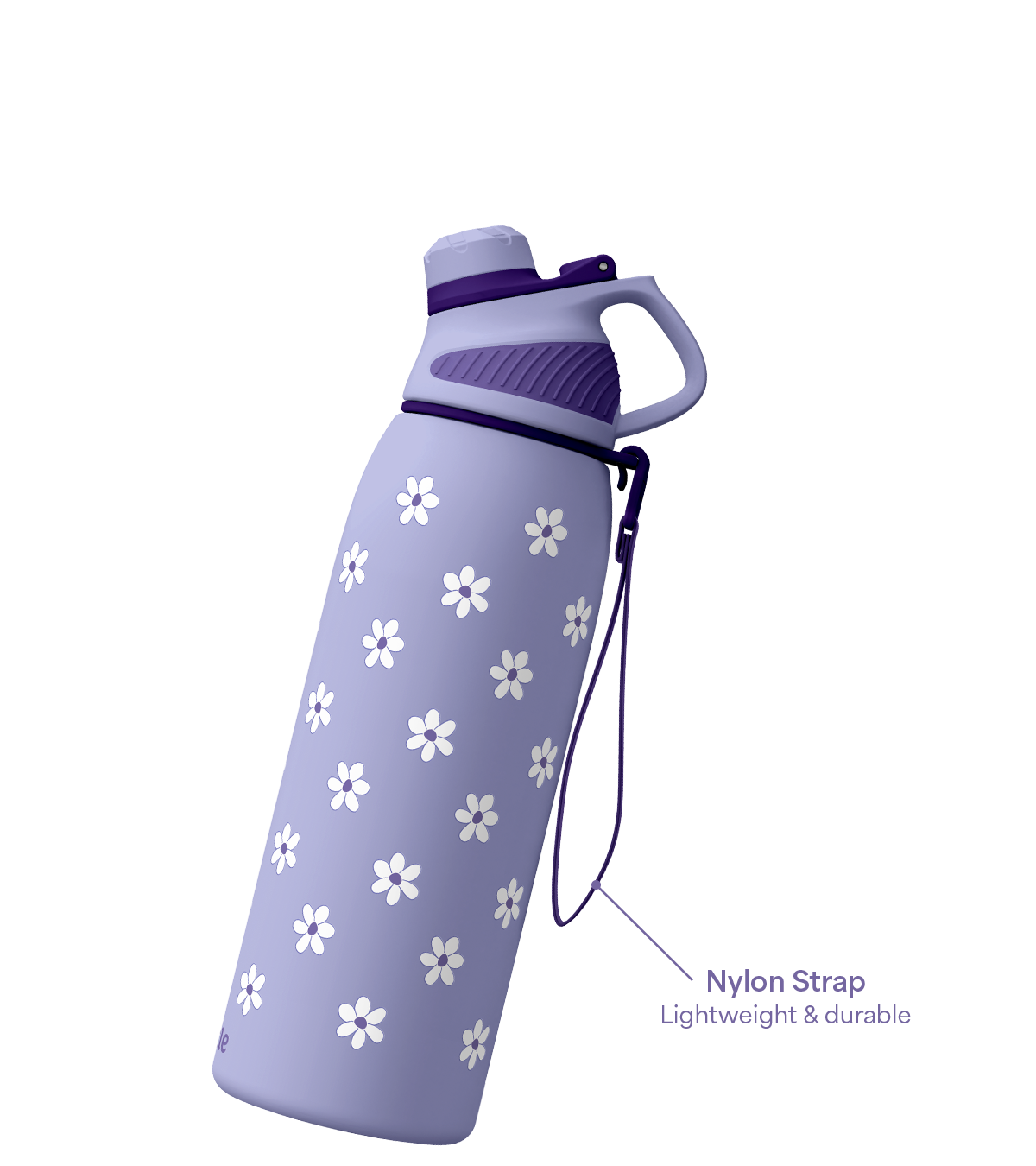 Purple water bottle with white floral pattern and nylon strap