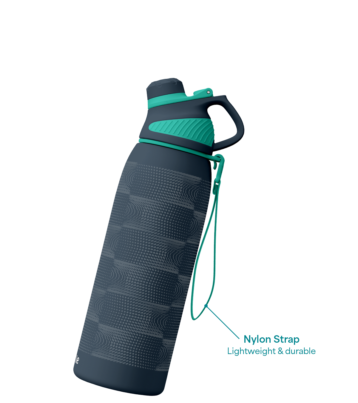 Charcoal water bottle with turquoise cap and a nylon strap