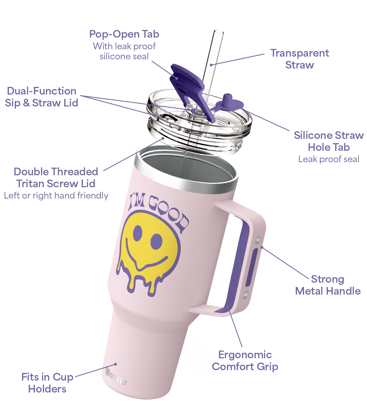 Pink tumbler with smiley face design and features