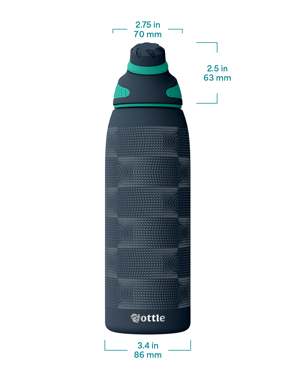 Charcoal water bottle with turquoise cap and measurements