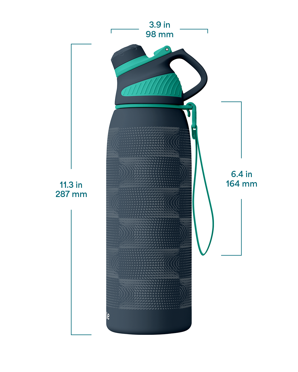 Charcoal water bottle with turquoise cap and measurements